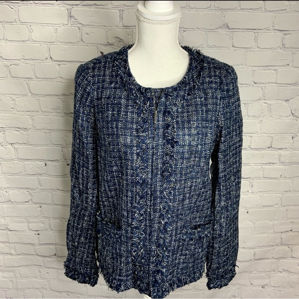 LANDS’ END Fringe Texture Blue Blazer Jacket 10